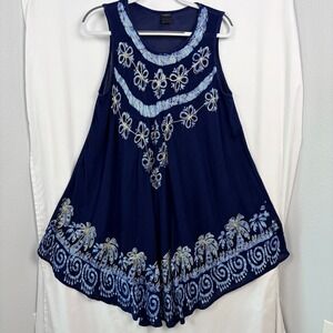 Ana & Kate Sleeveless Batik Embroidered Tunic Top Navy Blue Excellent